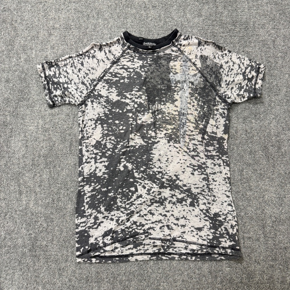 Y2K Shirt Men's Large AOP Sword‎ Cotton Blend Medieval Grunge Black/Gray